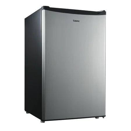 Galanz 4.3 Cu ft Single Door Mini Fridge, Stainless Steel Look, New, Width 19.12