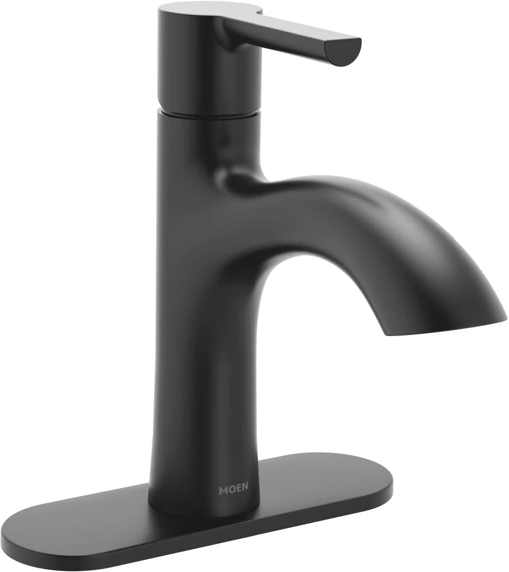 Moen Idris One-Handle Bathroom Faucet – Modern Deck Mount with Push-Down Drain – Optional 3-Hole Deckplate – 1.2 GPM (Matte Black)