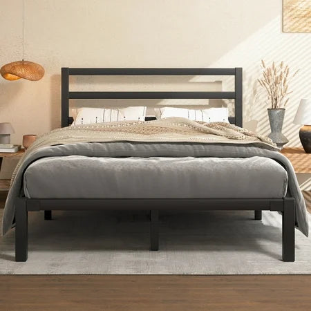 Queen Size Metal Platform Bed Frame with Headboard, Heavy Duty Metal Slat Mattress Foundation, Easy Assembly, No Box Spring Needed, Black