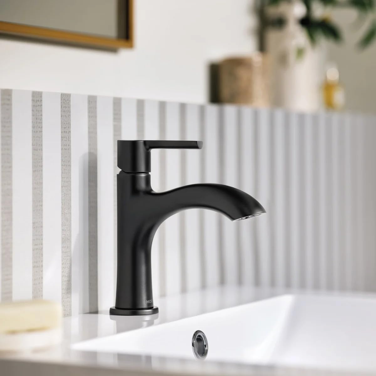 Moen Idris One-Handle Bathroom Faucet – Modern Deck Mount with Push-Down Drain – Optional 3-Hole Deckplate – 1.2 GPM (Matte Black)