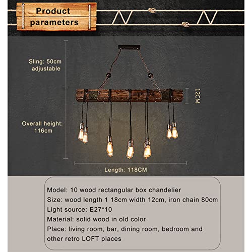 SAZDFY 10 Lights Wooden Pendant Lamp,Retro Farmhouse Hanging Lamp Distressed Rustic Lighting Fixture,Industrial Pendant Lights for Bar Kitchen Restaurant,Light Line Can Be Adjusted,118 * 116cm