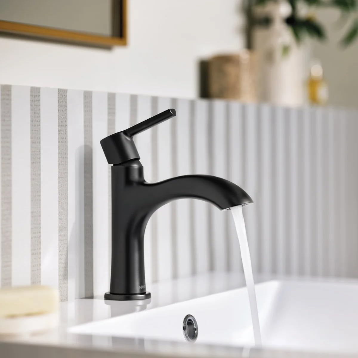 Moen Idris One-Handle Bathroom Faucet – Modern Deck Mount with Push-Down Drain – Optional 3-Hole Deckplate – 1.2 GPM (Matte Black)