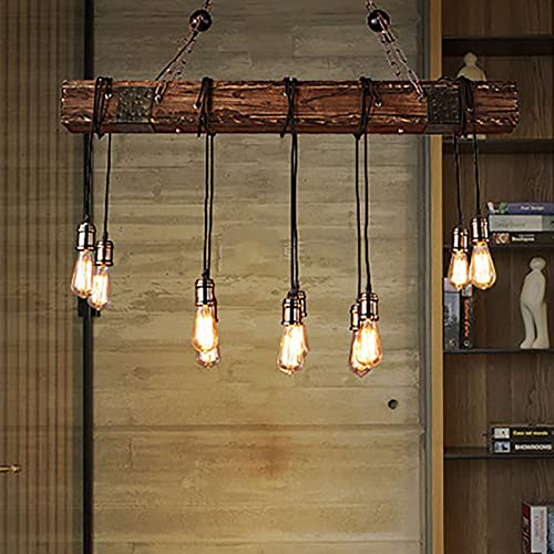SAZDFY 10 Lights Wooden Pendant Lamp,Retro Farmhouse Hanging Lamp Distressed Rustic Lighting Fixture,Industrial Pendant Lights for Bar Kitchen Restaurant,Light Line Can Be Adjusted,118 * 116cm