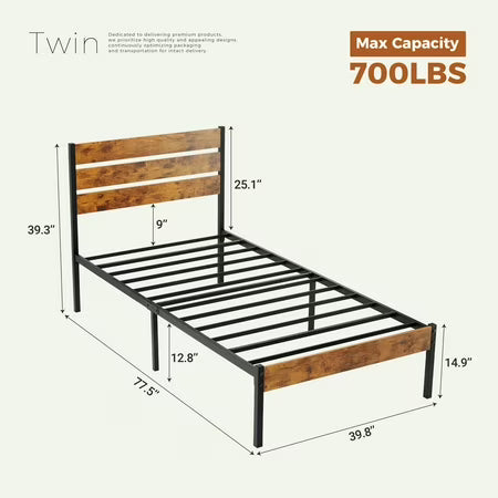 edx Twin Metal Bed Frame with Wood Headboard