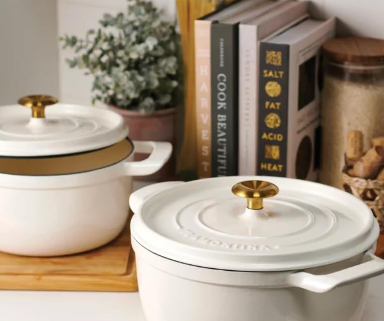 Trmontina 4-Quart and 6-Quart Enameled Cast Iron Round Dutch Ovens, 2-Pack (White)