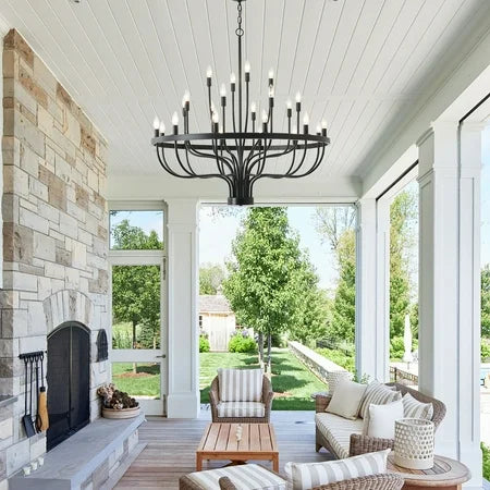 Black Chandelier 24 Light, Modern Farmhouse Chandelier for Dining Room, Round Industrial Candle Chandeliers Light, Wagon Wheel Chandelier 39.3 3-Tier for Hallway, Living Room, Foyer