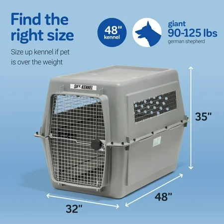Petmate Sky Kennel IATA Airline Friendly Dog Crate Plastic Travel Pet Carrier, Jumbo XXL 48 for Dogs 90-125 lb, Gray