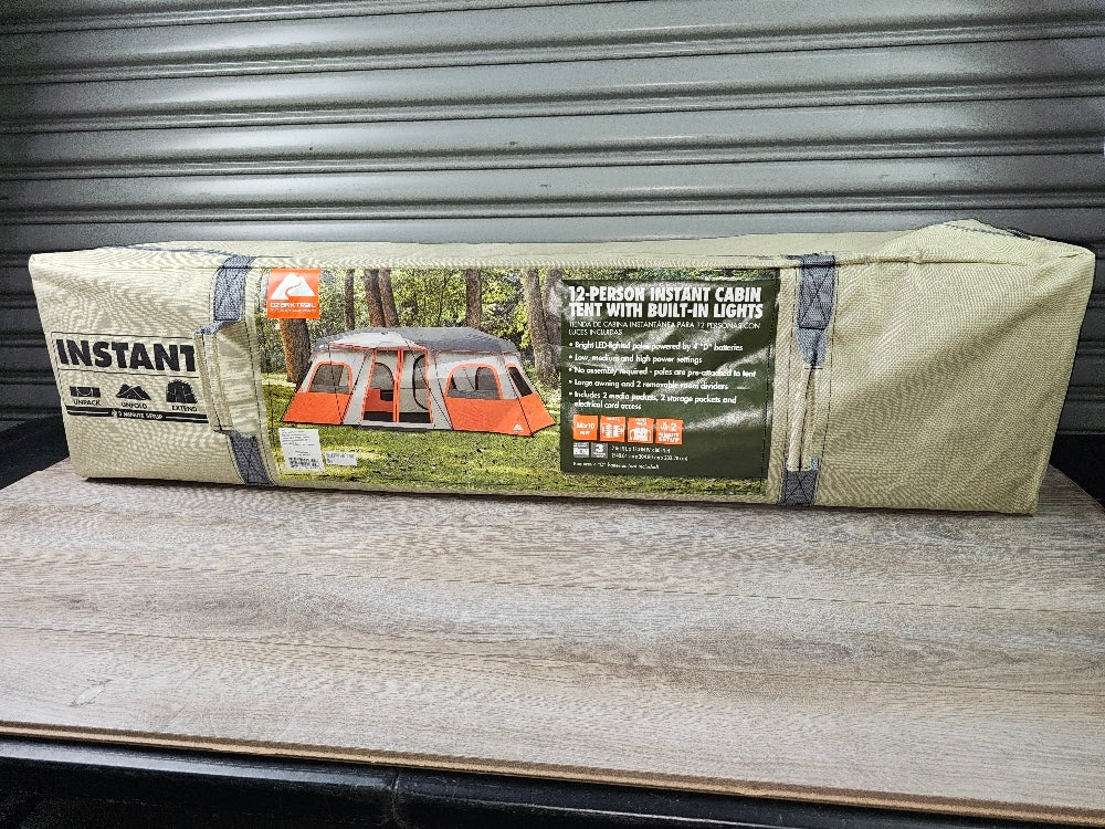 NEW IN BOX Ozark Trail 12 Person Instant Cabin Tent with Integrated LED Lights, 3 Rooms, 47.87 lbs