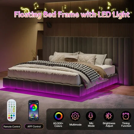 Merluxy Queen Bed Frame with Oversized Headboard,Floating Design,RGB LED Lights,No Box Spring Needed,Velvet Grey