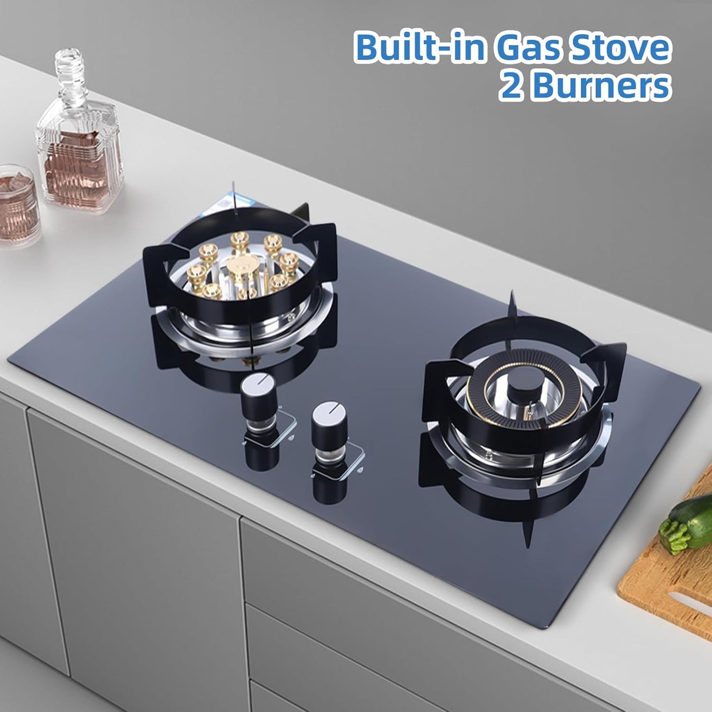 2 Burner Gas Cooktop, Kitchen Stove Top LPG/NG Dual Fuel Built-in Tempered Glass for Apartment RV Outdoor