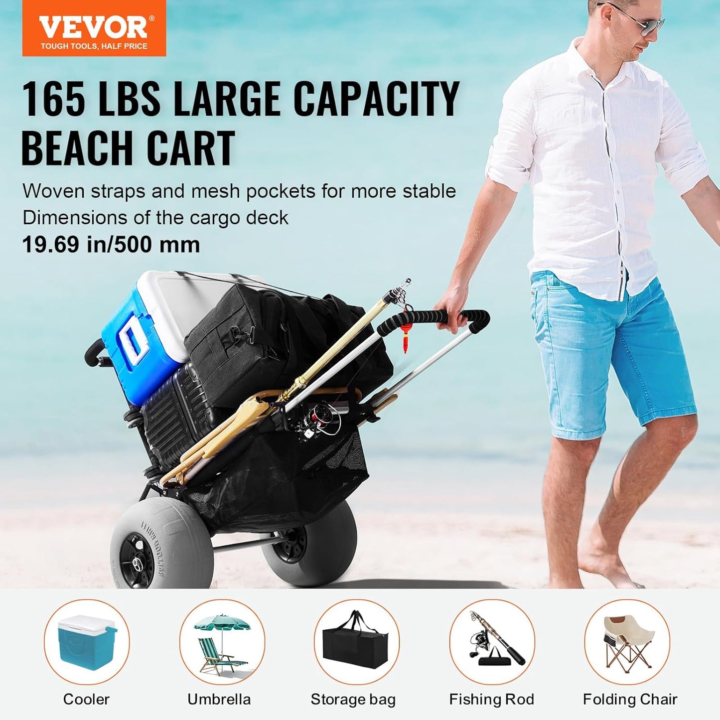 VEVOR Beach Dolly with Big Wheels for Sand, 29.9 x 15.4 Cargo Deck, w/ 12 Balloon Wheels, 165LBS Loading Capacity Folding Sand Cart & 27 to 44.7 Adjustable Height, Heavy Duty Cart for Beach