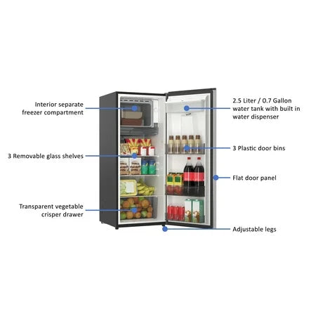 Galanz 6.5 Cu ft One Door Refrigerator, with Water Dispenser, Stainless Steel Look, Estar, New