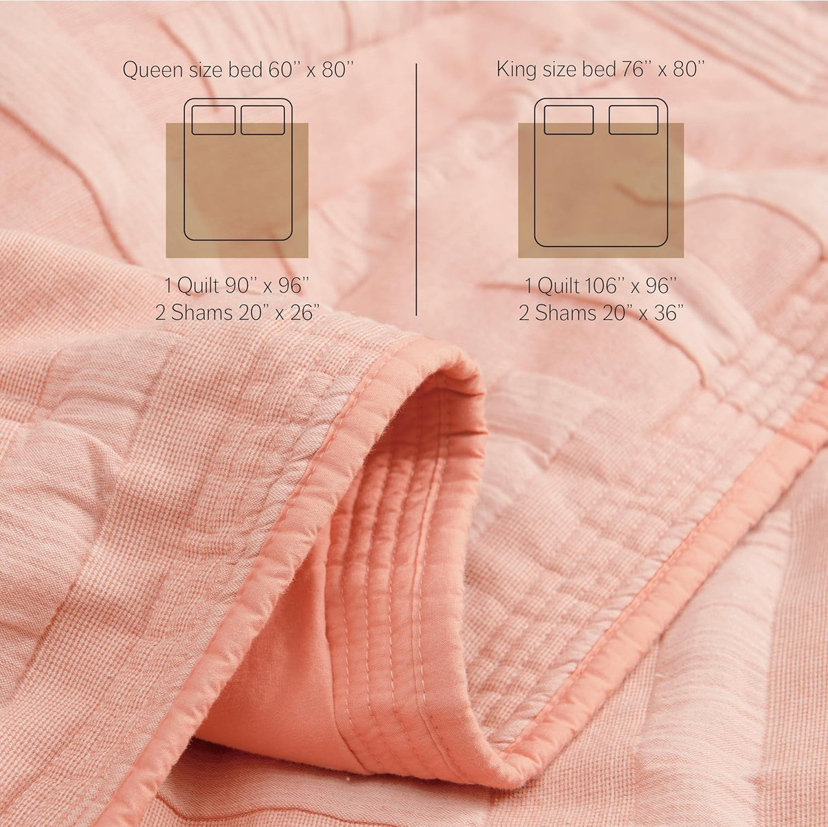 Double Stitch 100% Cotton Quilt Set King - BCI-Certified Cotton Luxury Bedspread, Jacquard Coverlet, Perfect House Warming Gift, 1 Quilt, 2 Shams, Coral