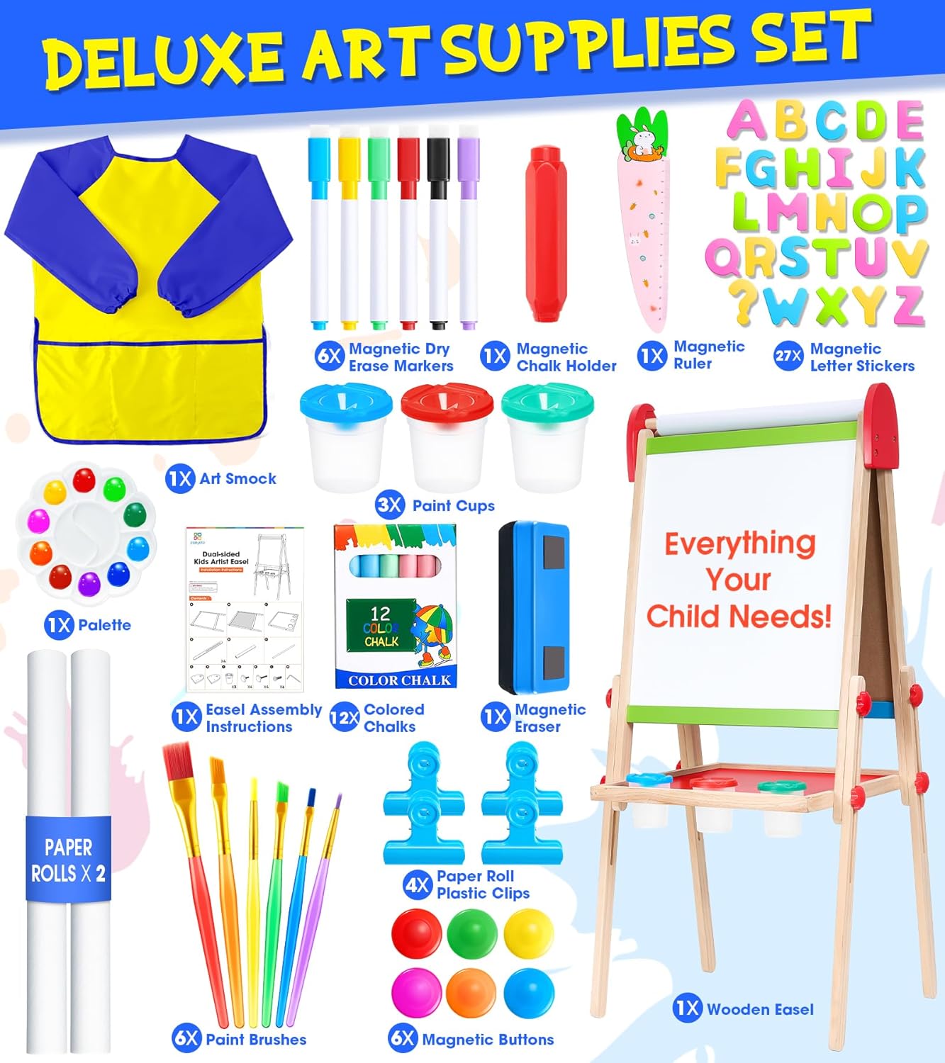 Art Easel for Kids, Adjustable Double Sided Kids Easel with Magnetic Dry Erase Whiteboard