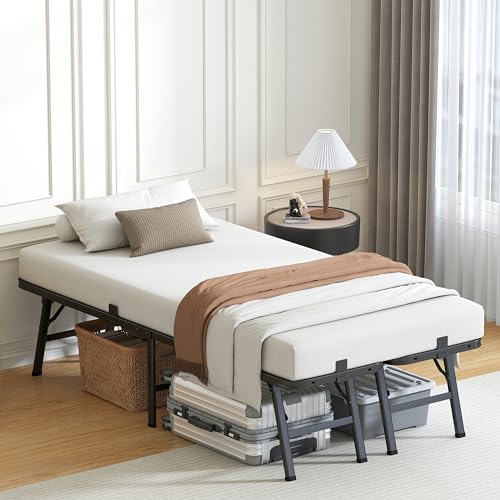 14 Inch Twin XL Metal Bed Frame Folding Bed Frame Tool-Free Assembly Mattress Foundation No Box Spring Needed Platform 2500lbs Heavy Duty Steel Slats, Noise-Free, Easy Assembly, Black