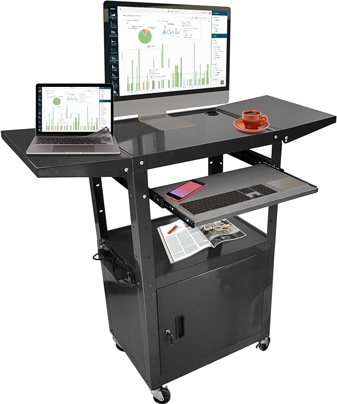 AV cart with locking cabinet and keyboard tray Height Adjustable Utility Cart with Extra Storage,Computer Cart with Wheels and Power Strip for Presentations Office Holds 300 lbs(Black/43”x18”x43”)
