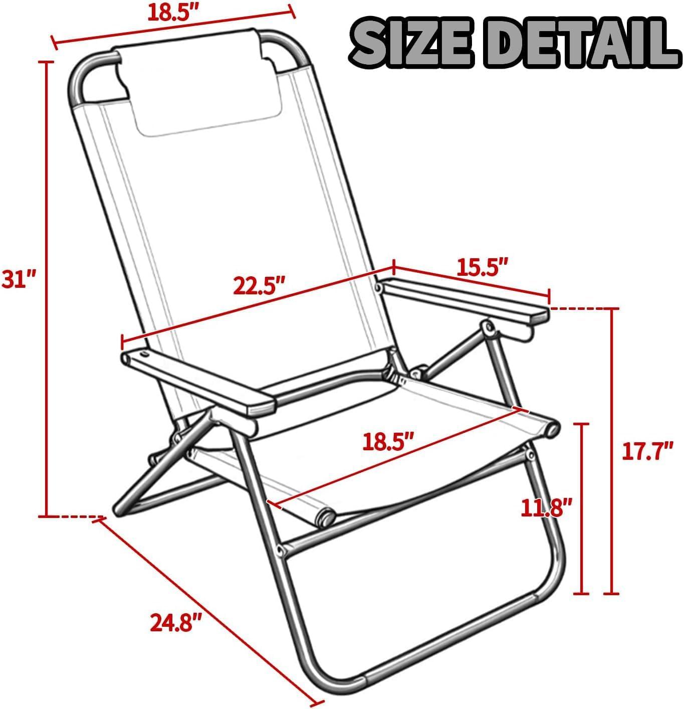 Beach Chair, 4 Position Adjustable Backrest, Headrest, Folding Backpack Camping Chair