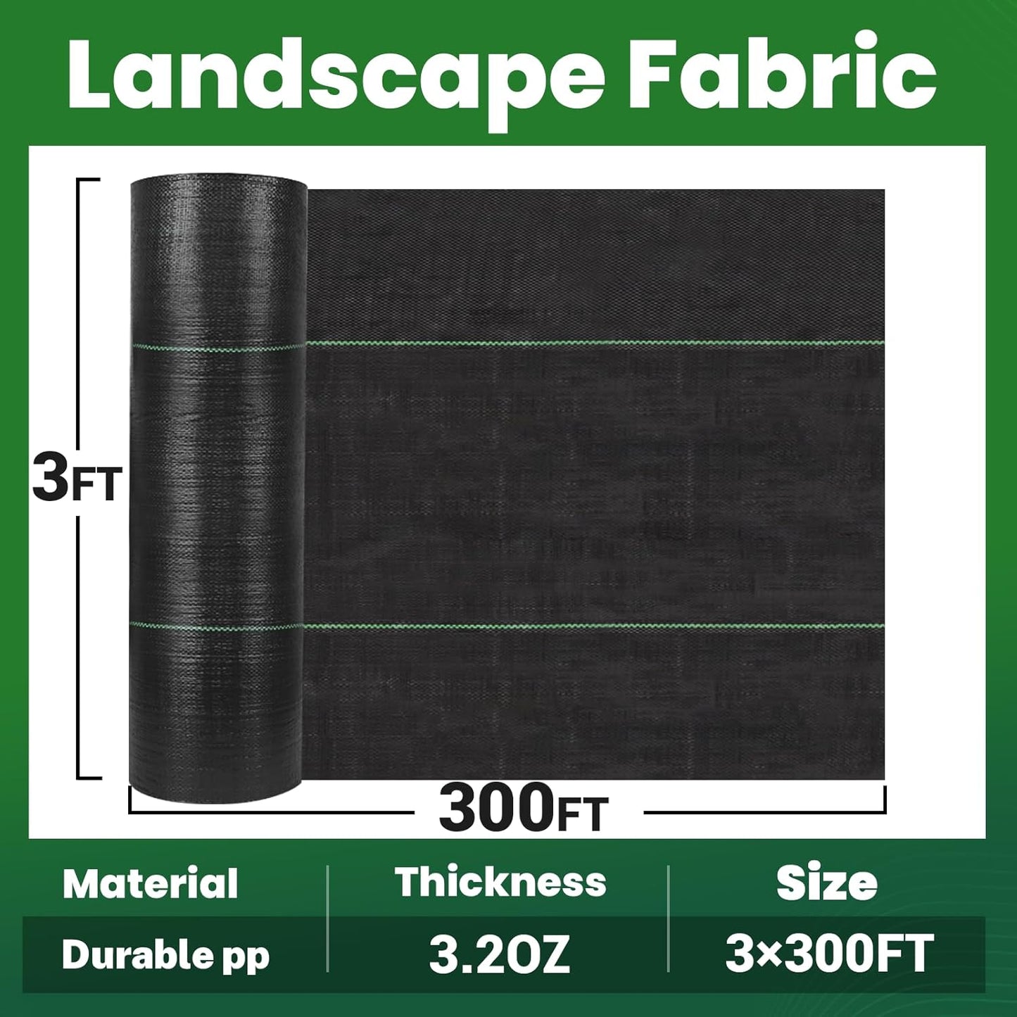 3ft x 300ft Weed Barrier Landscape Fabric Heavy Duty Weed Block Fabric Durable Ground Cover Weed Cloth (3.2oz)