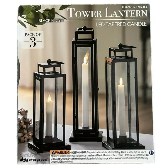 Evergreen LED Tapered Candle Tower Lantern, 3 Count (Black Finish