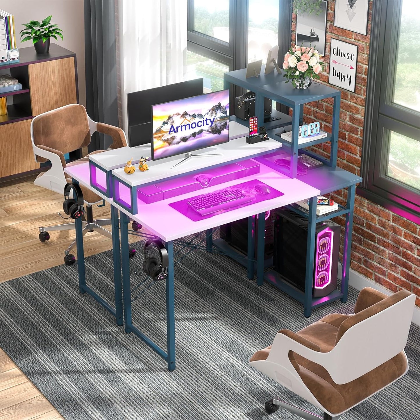 armocity 2024 Upgrade Gaming Desk with LED Lights, Small Computer Desk with Long Monitor Stand, 40'' Reversible Laptop Table with Storage Shelves, Small Desk for Small Spaces, Gaming Room, Grey