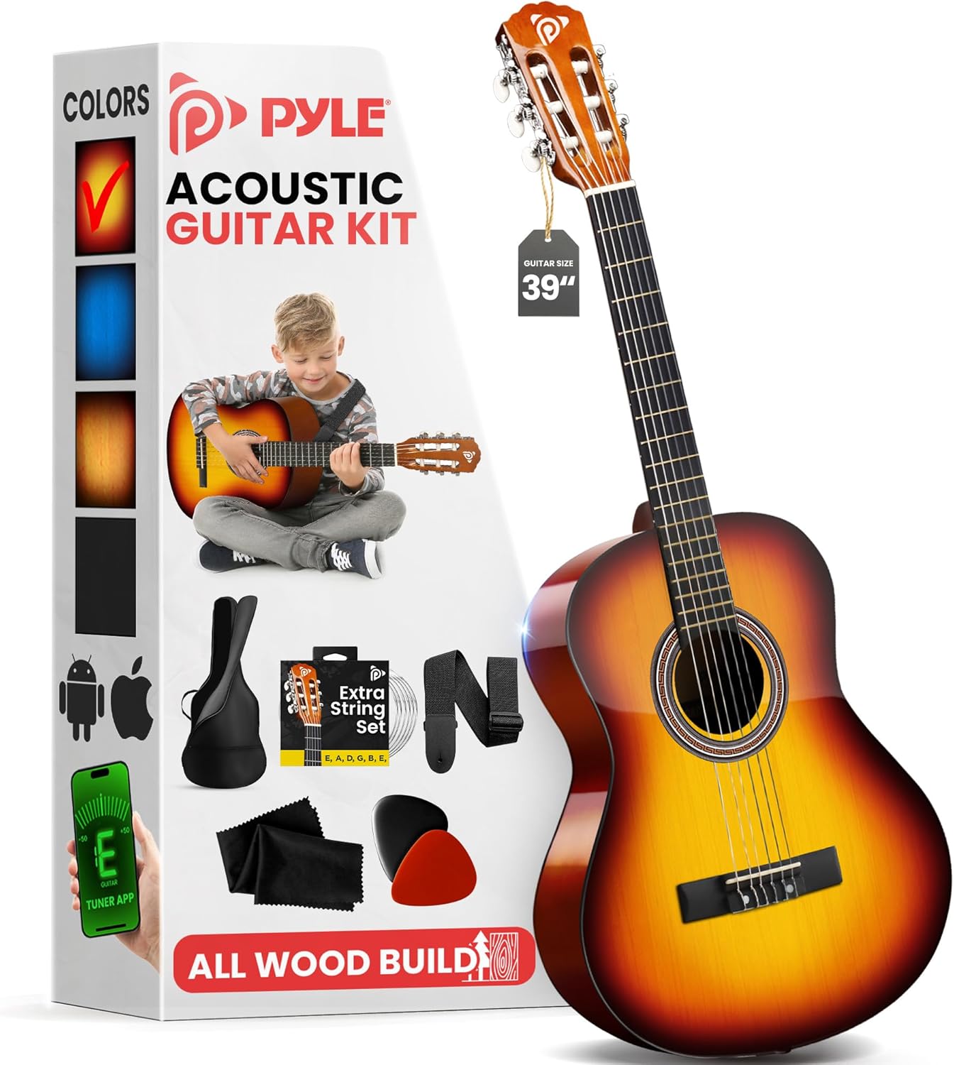 Pyle Beginner Acoustic Guitar Kit, 4/4 Full Size All Wood Instrument