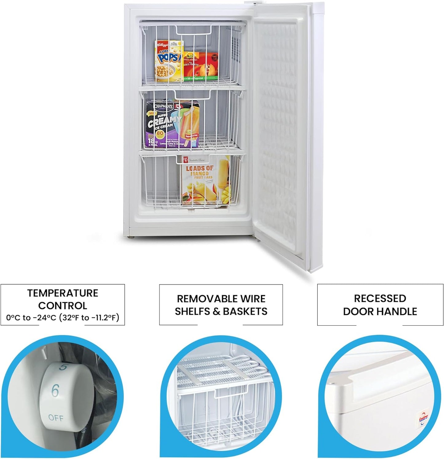 Koolatron Compact Upright Freezer, 3.1 cu ft (88L), White, Manual Defrost Design, Space-Saving Flat Back, Reversible Door, 3 Pull-Out Basket Shelves, for Apartment, Condo, Cottage