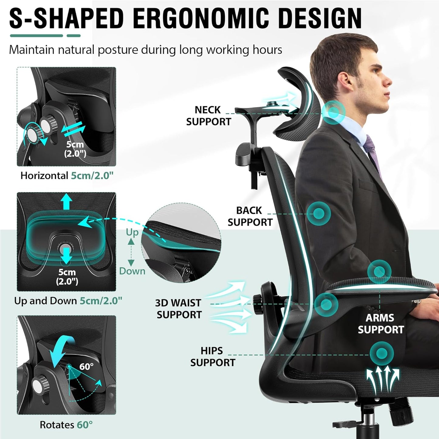 Office Chair, Ergonomic Office Chair with 3D Lumbar Support 3D Headrest