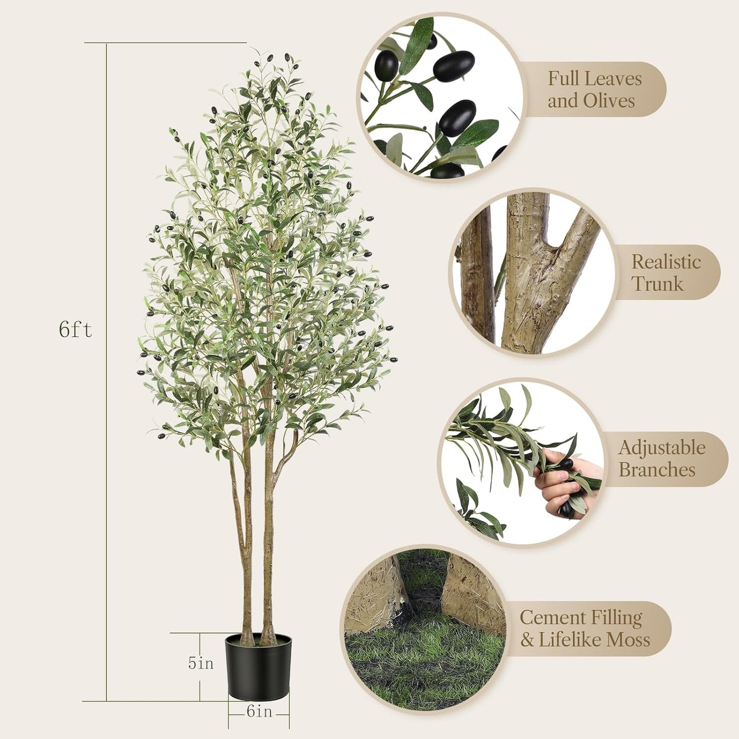 Artificial Olive Tree 6FT Tall Faux Silk Plant(72 in), Indoor Fake Olive Tree with Natural Wood Trunk & Lifelike Fruits, Perfect for Modern Home Office Living Room Floor Decor, 6 FT