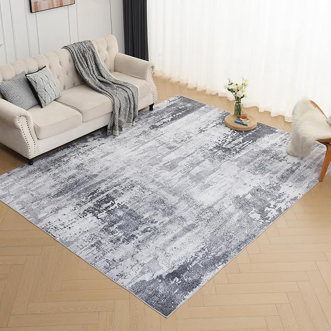 VKLIVING Machine Washable Area Rug - 8'x10', Abstract Design, Non-Slip, Suitable for Living Room, Bedroom, Kitchen & Office - Grey