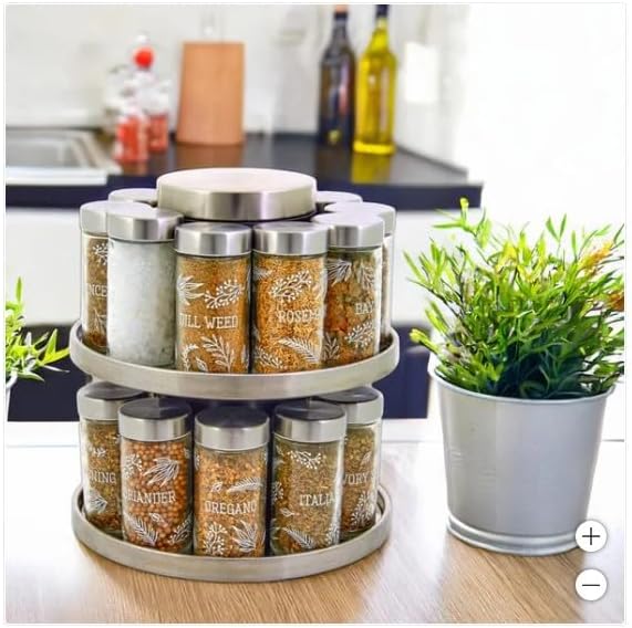 20 Jar Revolving Spice Rack with Integrated Tool Caddy