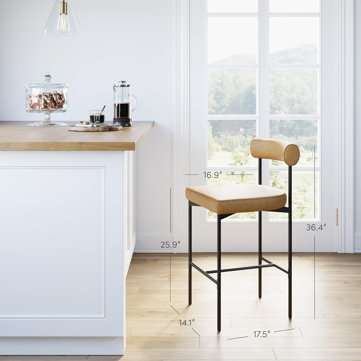 Dahlia Mid-Century Counter Bar Stool with Back, with Brown Leather Cushions, 21 in. L x 17 in. W x 36 in. H, Set of 2