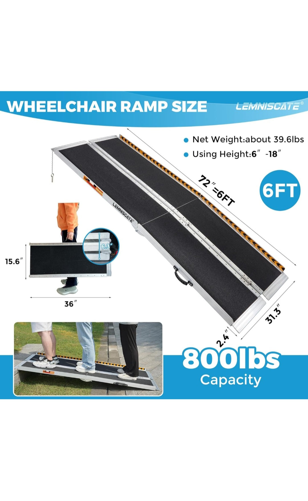TaiH Leo 6FT Wheelchair Ramp, 72" L x 29" W Threshold Ramp, 800 LBS Capacity Wheel Chair Ramp, Portable Wheelchair Ramp Scooter Ramp, for Home, Steps, Stairs, Doorways, Curbs