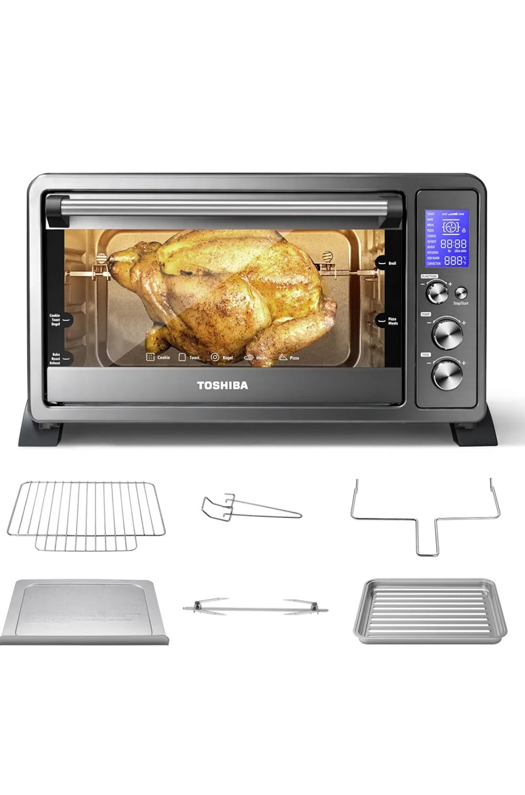 TOSHIBA AC25CEW-BS Large 6-Slice Convection Toaster Oven Countertop, 10-In-One with Toast, Pizza and Rotisserie, 1500W, Black Stainless Steel, Includes 6 Accessories