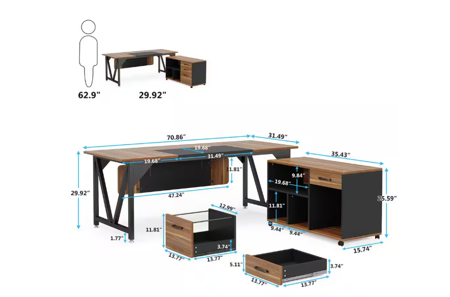 Cassey 70.8 in. Executive Desk with 35.4 in. File Cabinet Combo, L-Shaped Computer Desk Set, Brown