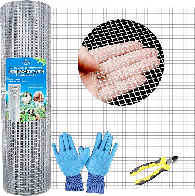 TUOKS Hardware Cloth 1/2 inch Square Openings - 19 Gauge 48'' x 100' Hot-Dip Galvanized Wire Mesh, Welded Cage Wire Rolls Great for Animal Enclosure Chicken Coop Flower Beds Rabbits Wire Fencing