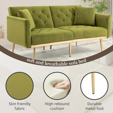 Velvet Upholstered Minimalist Tufted Metal Foot Double Seat Sofa Bed for Living Room Olive