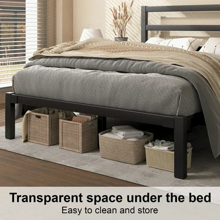Queen Size Metal Platform Bed Frame with Headboard, Heavy Duty Metal Slat Mattress Foundation, Easy Assembly, No Box Spring Needed, Black