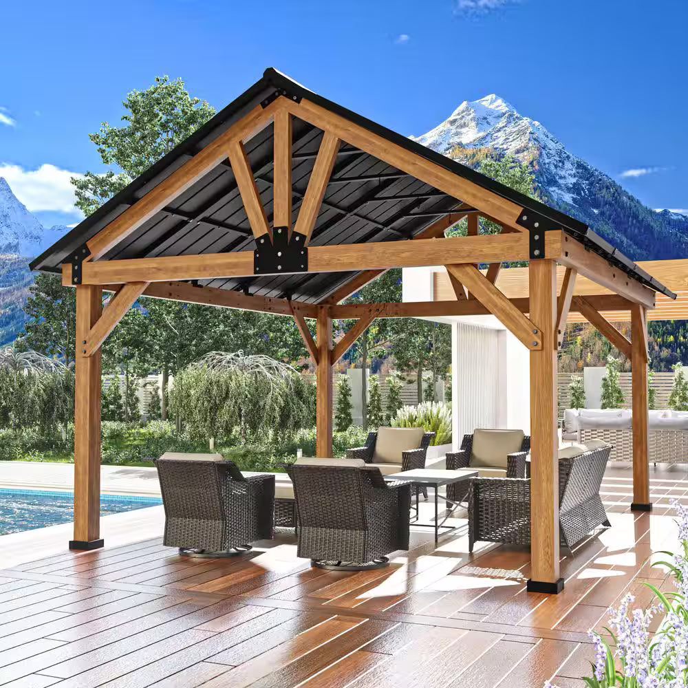 Cedar Wood Outdoor Patio Gazebo with Steel Roof