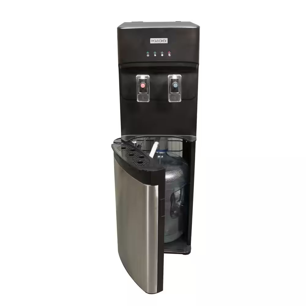 3 or 5 Gal. Bottom Load Water Dispenser Black and Stainless Steel with Hot and Cold Water Functions