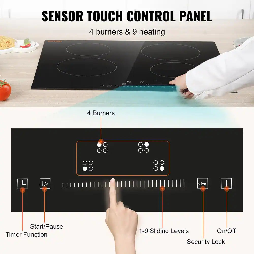 Built in Electric Stove Top 24 in. 4 Burners Glass Radiant Cooktop with Sensor Touch Control, Timer and Child Lock,Black