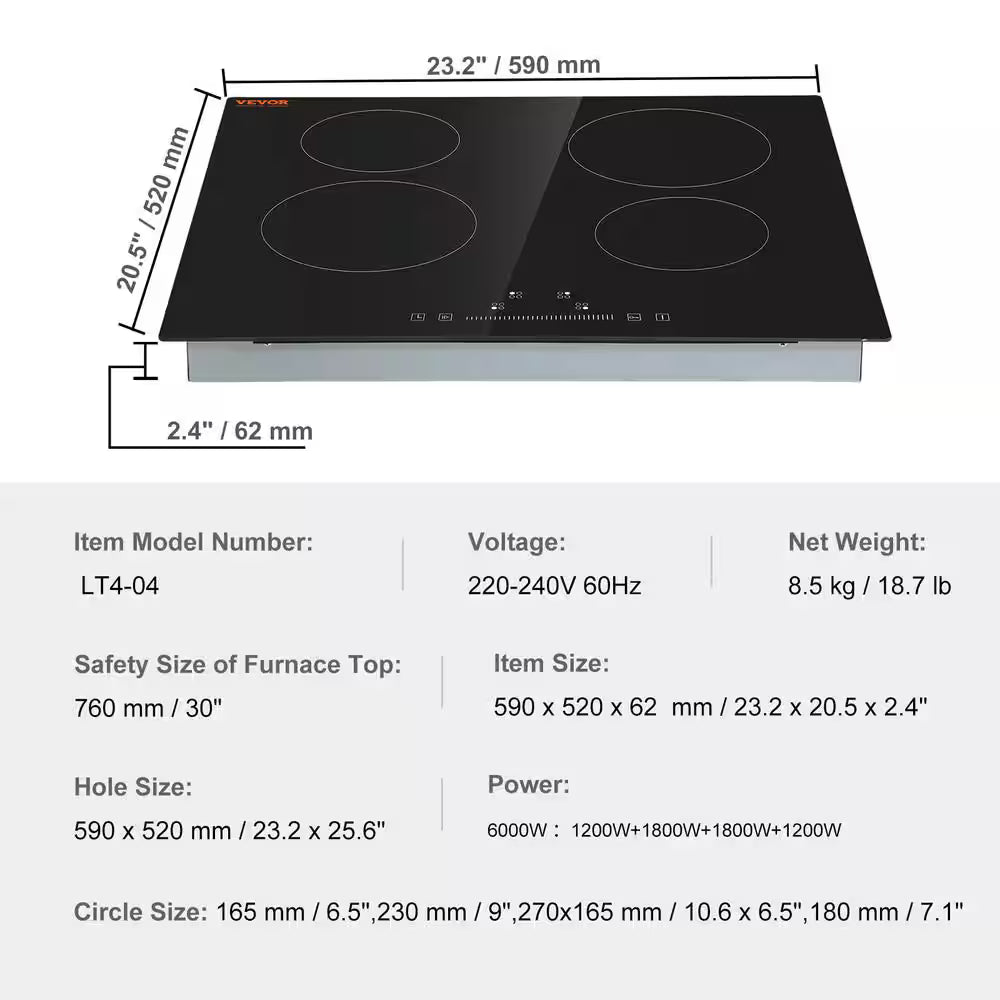 Built in Electric Stove Top 24 in. 4 Burners Glass Radiant Cooktop with Sensor Touch Control, Timer and Child Lock,Black