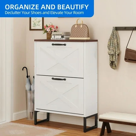 Shoe Cabinet with 2 Flip Drawers, Free Standing Shoe Racks Storage Cabinet with Metal Legs , Famhouse Shoe Rack Organizer Narrow Closet for Entryway Hallway,White