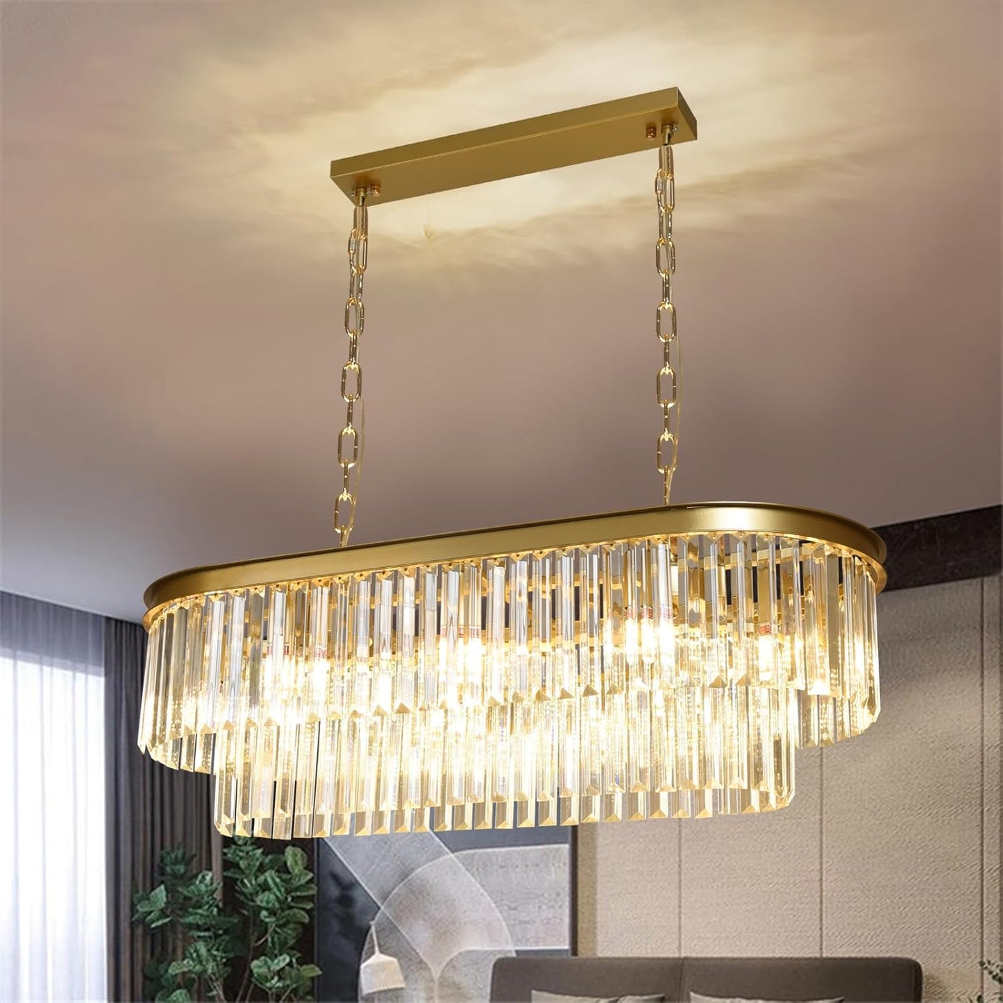 Inch Large Gold Crystal Chandelier, 8-Light Linear Modern Crystal Chandelier