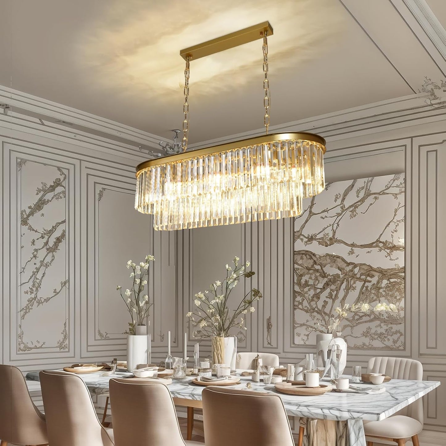 Inch Large Gold Crystal Chandelier, 8-Light Linear Modern Crystal Chandelier