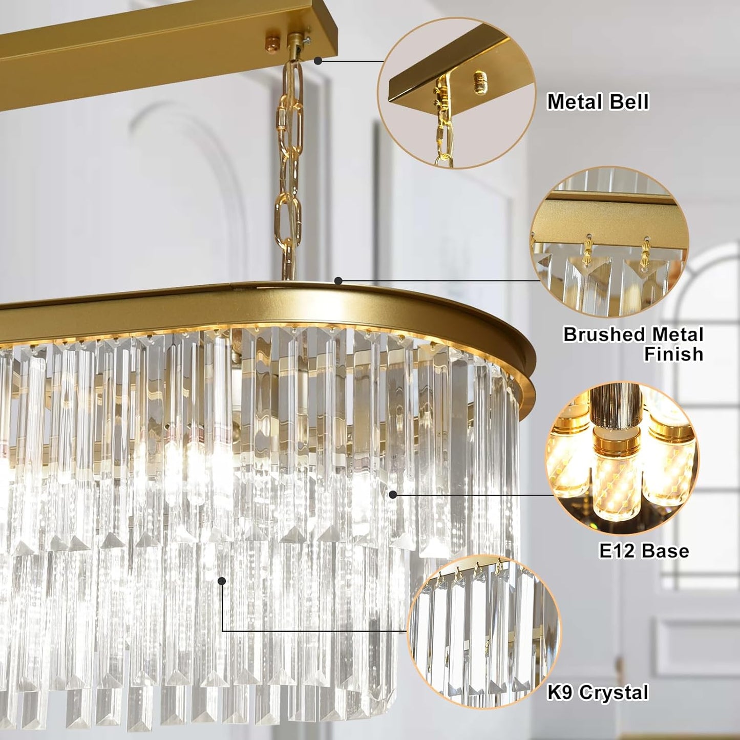 Inch Large Gold Crystal Chandelier, 8-Light Linear Modern Crystal Chandelier