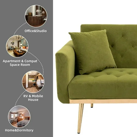 Velvet Upholstered Minimalist Tufted Metal Foot Double Seat Sofa Bed for Living Room Olive