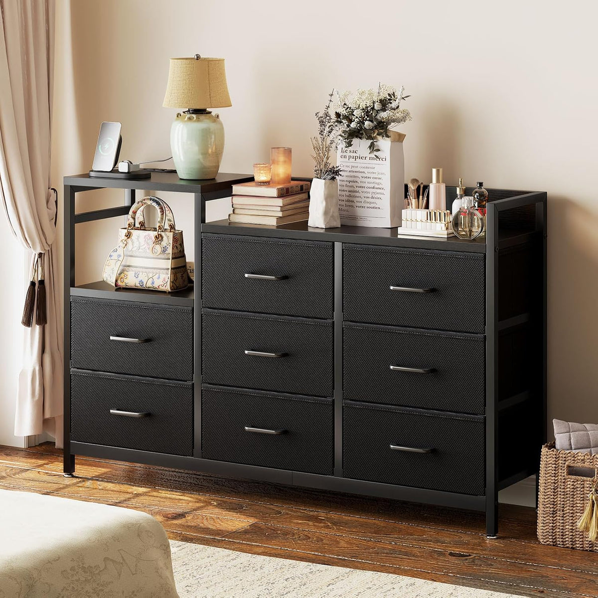 Casaottima Dresser for Bedroom with Charging Station, 52" Long Dresser with 8 Storage Drawers