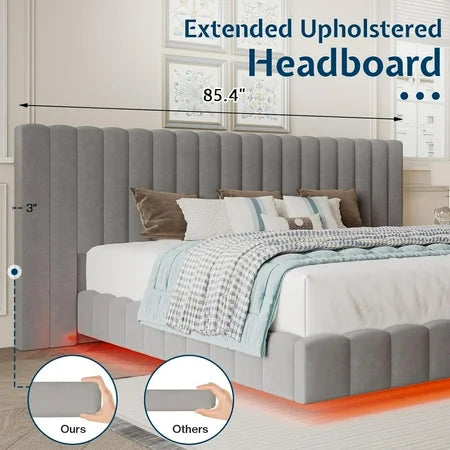 Merluxy Queen Bed Frame with Oversized Headboard,Floating Design,RGB LED Lights,No Box Spring Needed,Velvet Grey