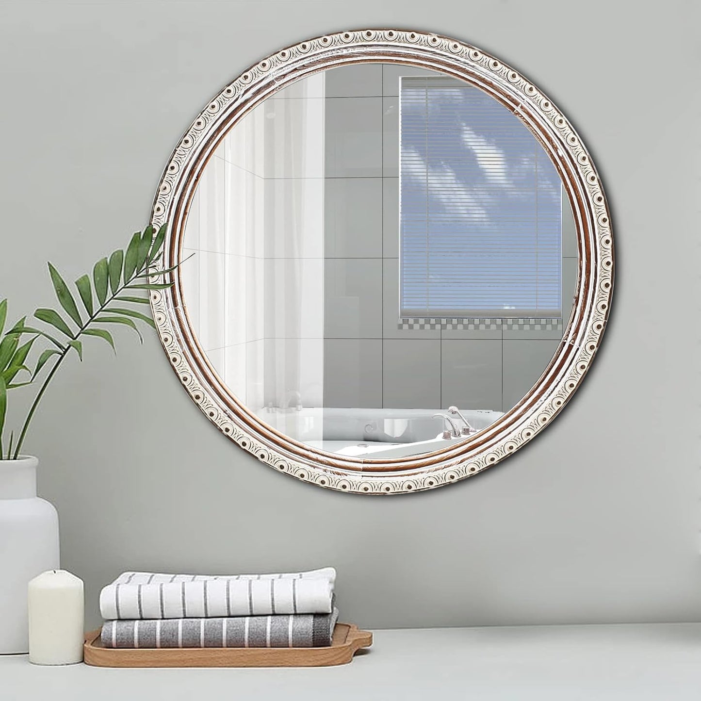 Round Mirror 24 Inches, Farmhouse Wood Circle Mirror