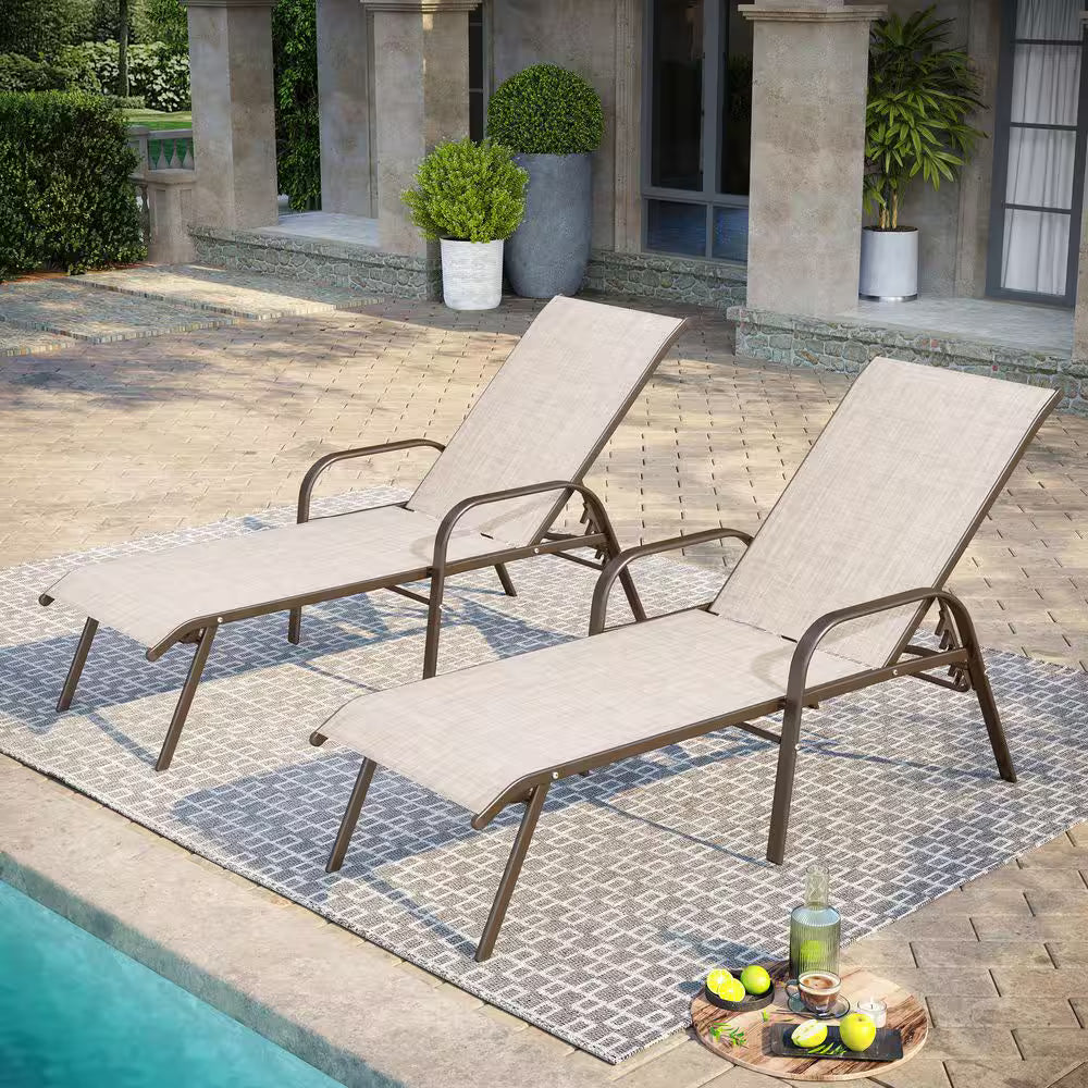 Metal Adjustable Outdoor Chaise Lounge Set Beige